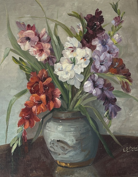 Ingeborg B Dubois. Olja på pannå, blomsterstilleben, signerad.